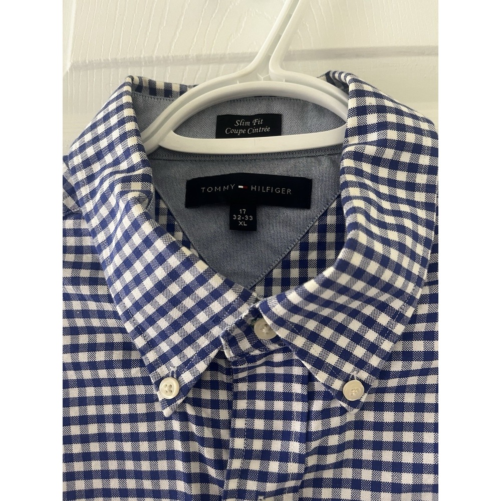 Tommy Hilfiger Mens Slim Fit Gingham Button Down Shirt Blue White XL 17 32-33‎